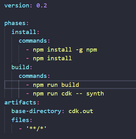 build-specsフォルダの中にcdk-build-spec.yamlファイルを作成して画像のような内容をインプットします。