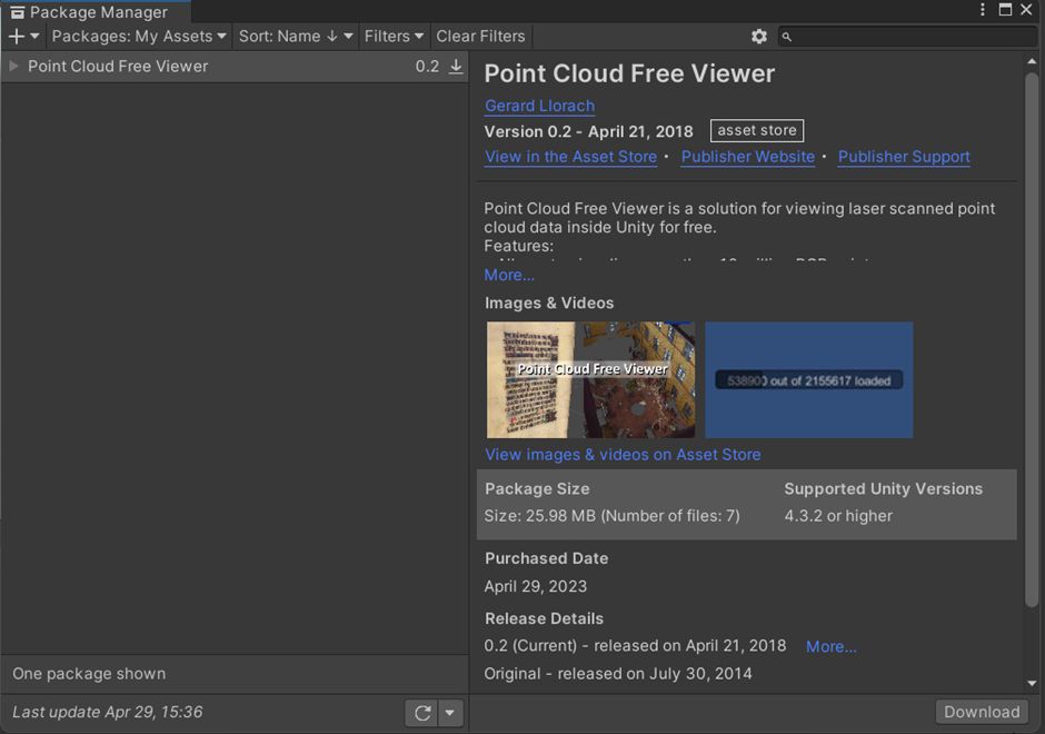 「Point Cloud Free Viewer」の画面が表示されたら、右下のDownloadをクリックします。