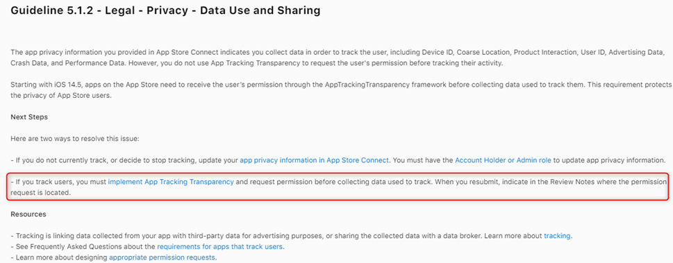 App Reject Guideline 5.1.2 - Legal - Privacy - Data Use and Sharing