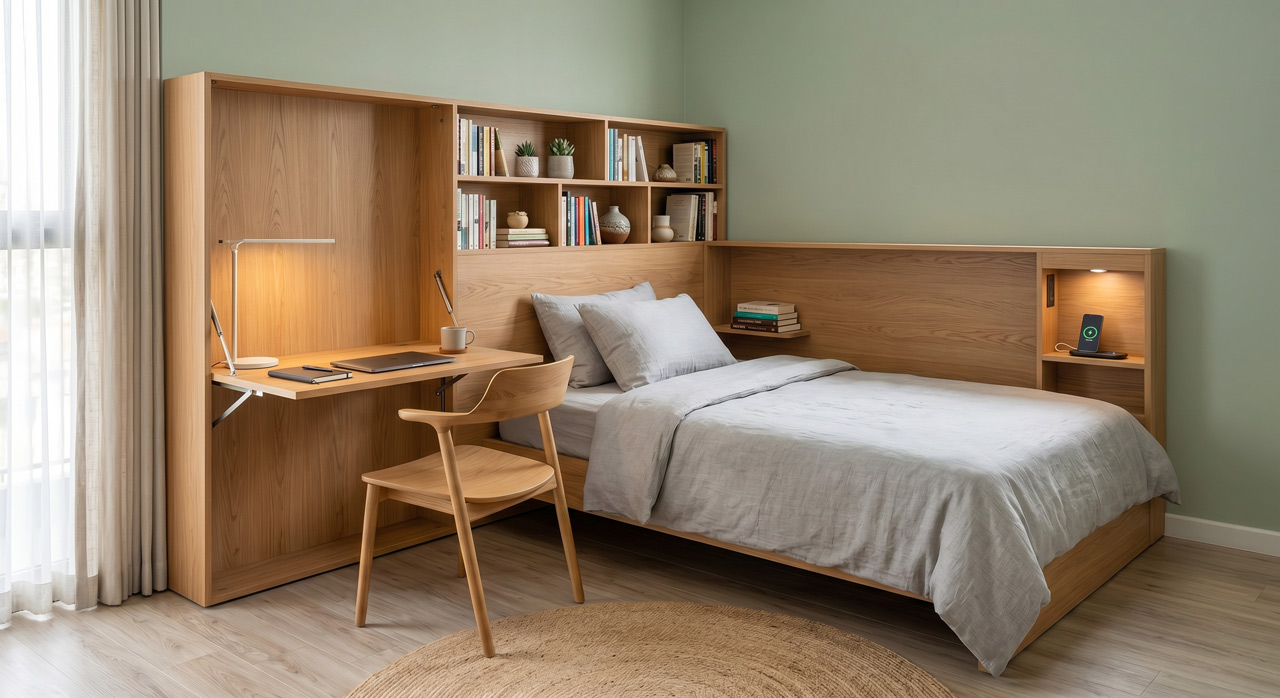Bàn học gấp + kệ sách + đầu giường tích hợp trong phòng 12m²