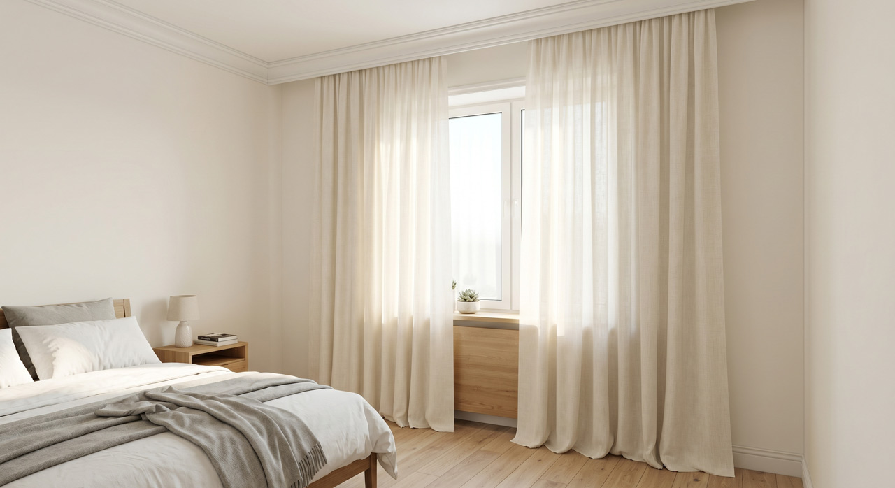 [Hình ảnh: Floor-to-ceiling Curtains — Linen trắng ngà, treo sát trần trong phòng 11m²]