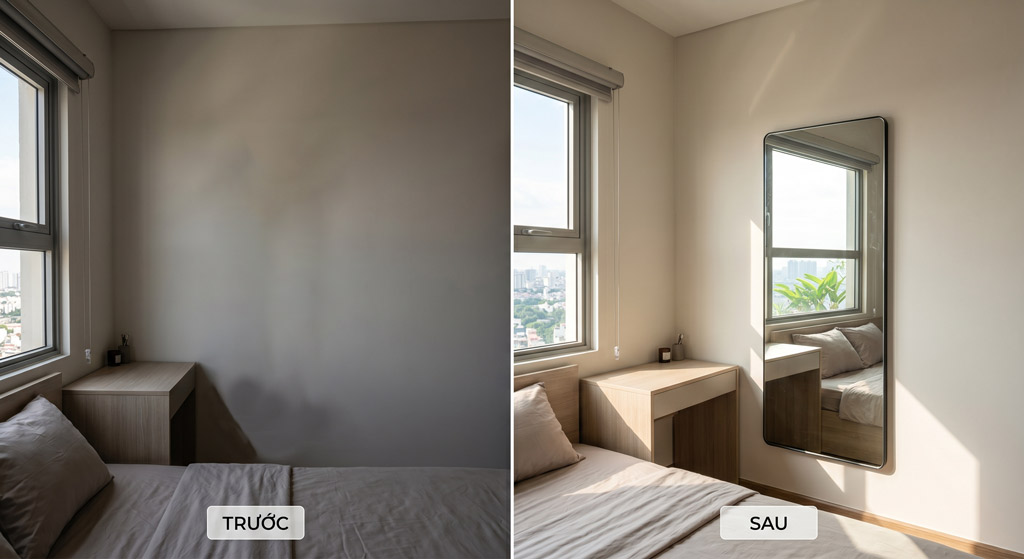 [Hình ảnh: Gương Full-length đặt đối diện cửa sổ — trước và sau]