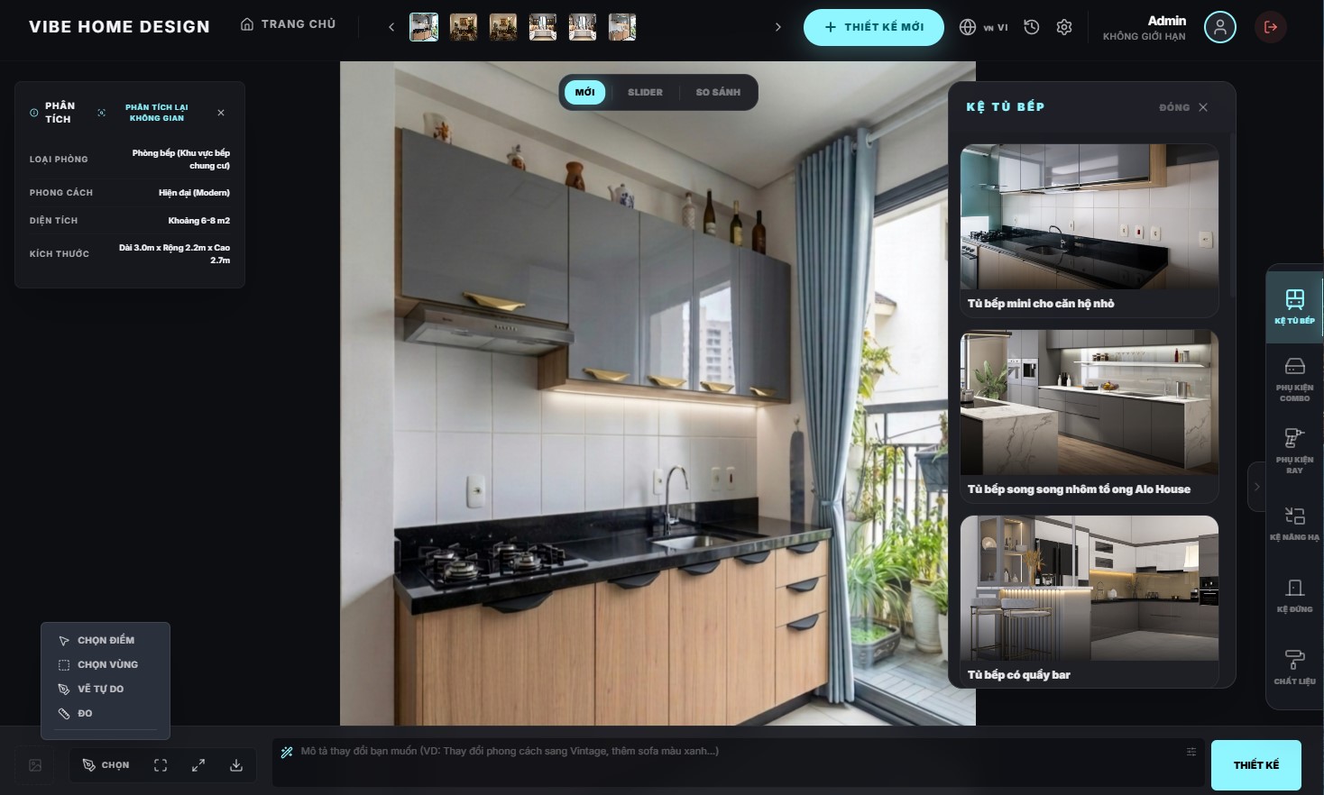 Giao diện của Vibe Home Design — kéo thả, chọn lựa trực tiếp trên hình ảnh